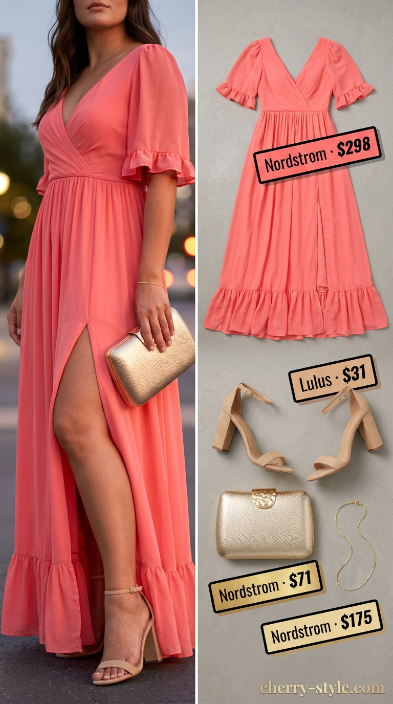 Curvy wrap dress outfit summer 2026: Coral pink maxi wrap dress with gold jewelry and nude heels for an elegant evening.