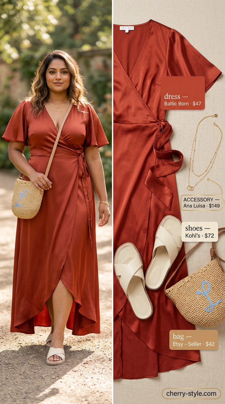 Relaxed curvy wrap dress outfit summer 2026 for vacation with terracotta dress, straw bag, and gold necklaces.