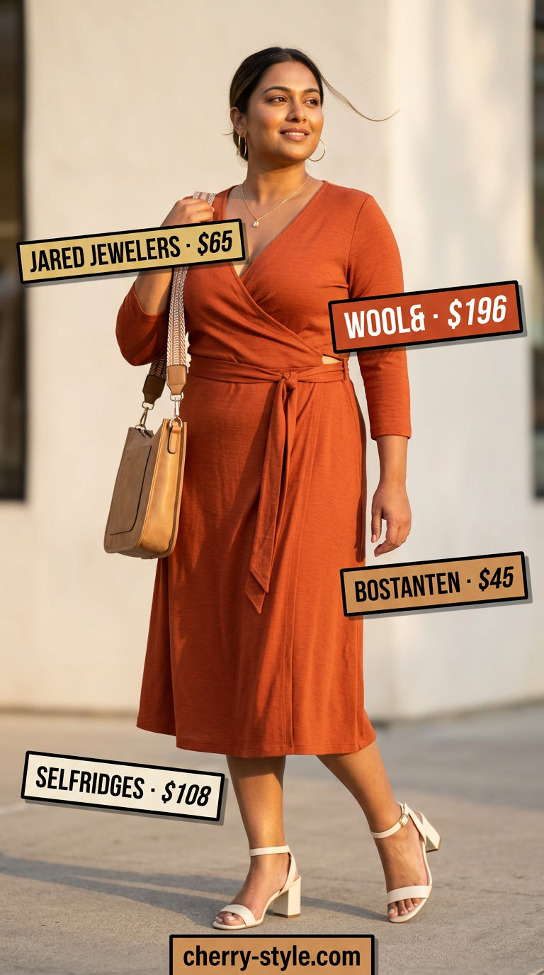 Terracotta linen wrap dress outfit with block heels and a crossbody bag for a chic summer 2026 brunch.