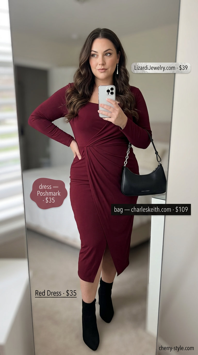 Sophisticated curvy wrap dress outfit summer 2026 for evening with wine red midi dress, black boots, and silver earrings.