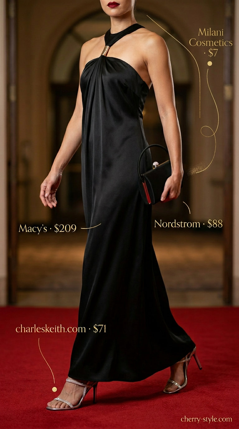 Classic black formal gown with silver heels and red lipstick for dressy summer outfits with heels 2026.