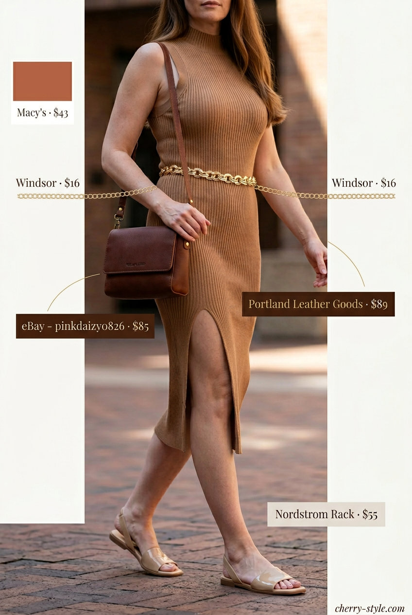 Camel knit midi dress with brown crossbody bag for dressy summer outfits with heels 2026.