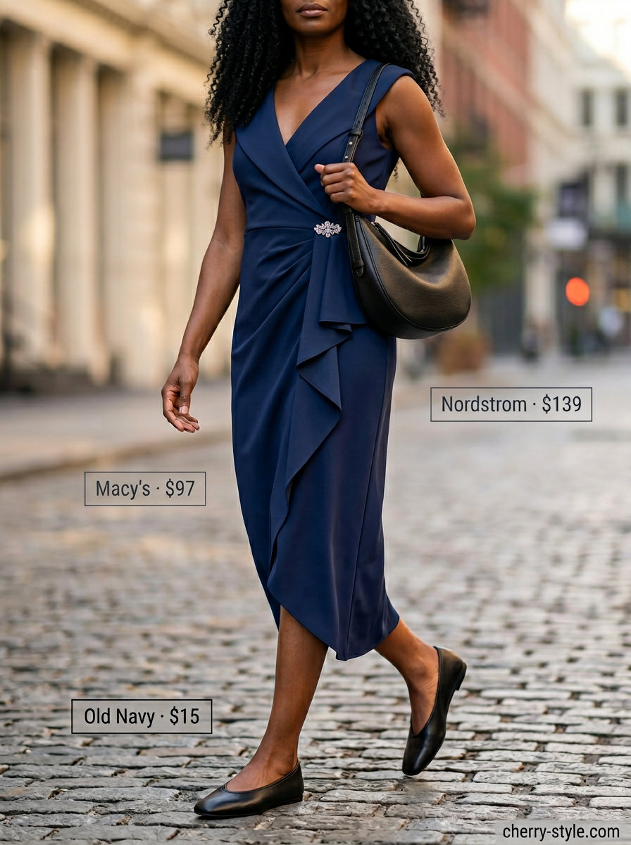 Navy blue A-line midi dress with silver earrings and heels for dressy summer outfits with heels 2026.