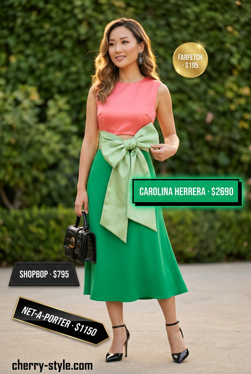 Bold emerald green and fuchsia color-block midi dress with black heels for dressy summer outfits with heels 2026.