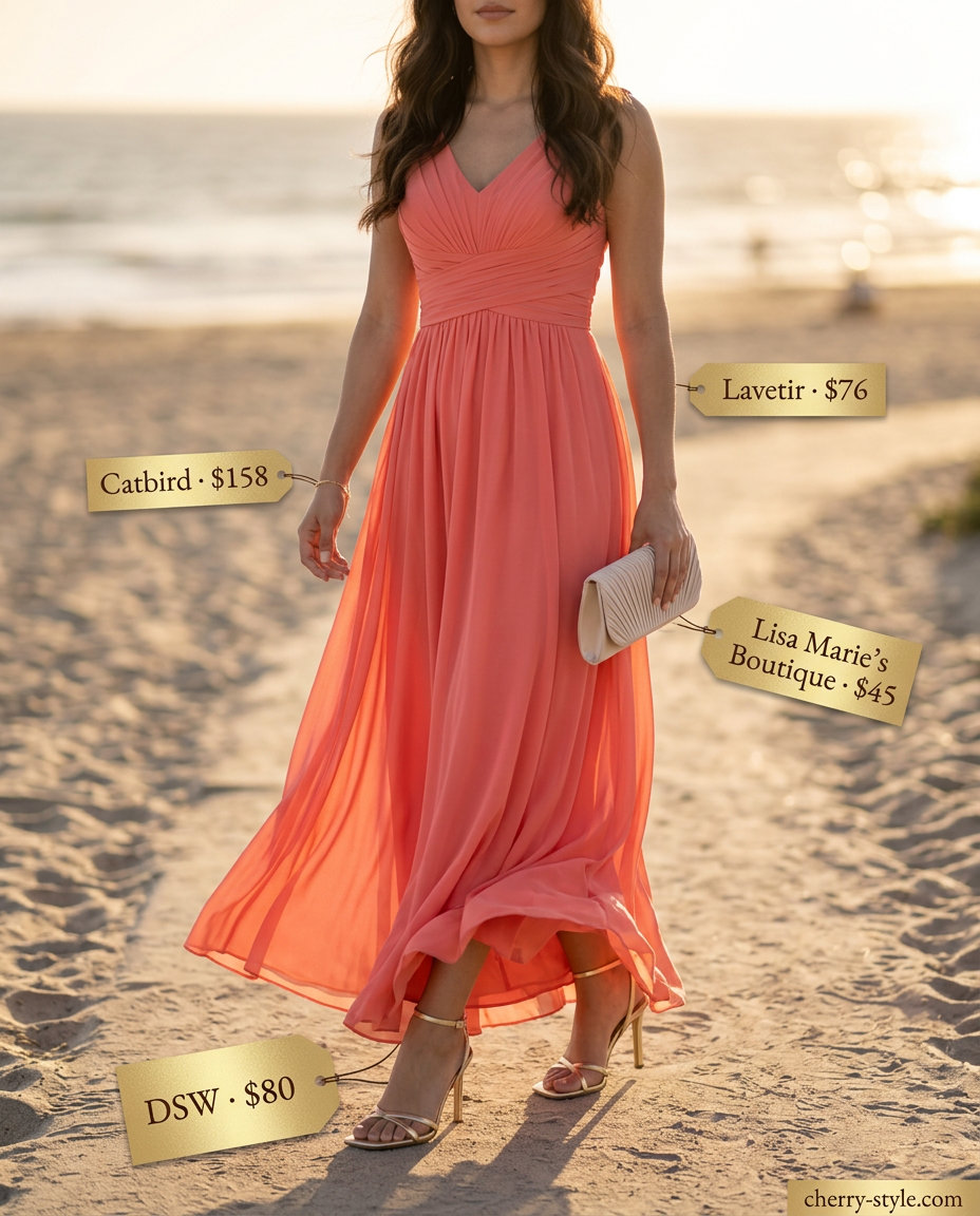 Warm coral chiffon maxi dress with gold heels and clutch for dressy summer outfits with heels 2026.