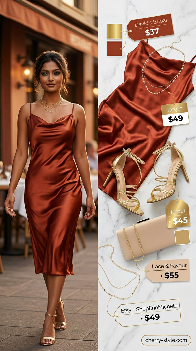 Vibrant coral satin slip dress with gold heels and clutch for dressy summer outfits with heels 2026.