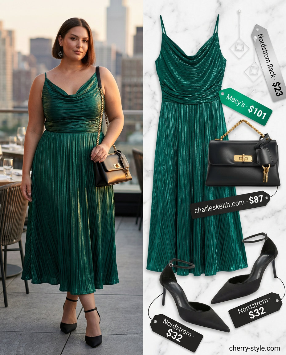 Emerald green maxi dress with black stilettos for dressy summer outfits with heels 2026.