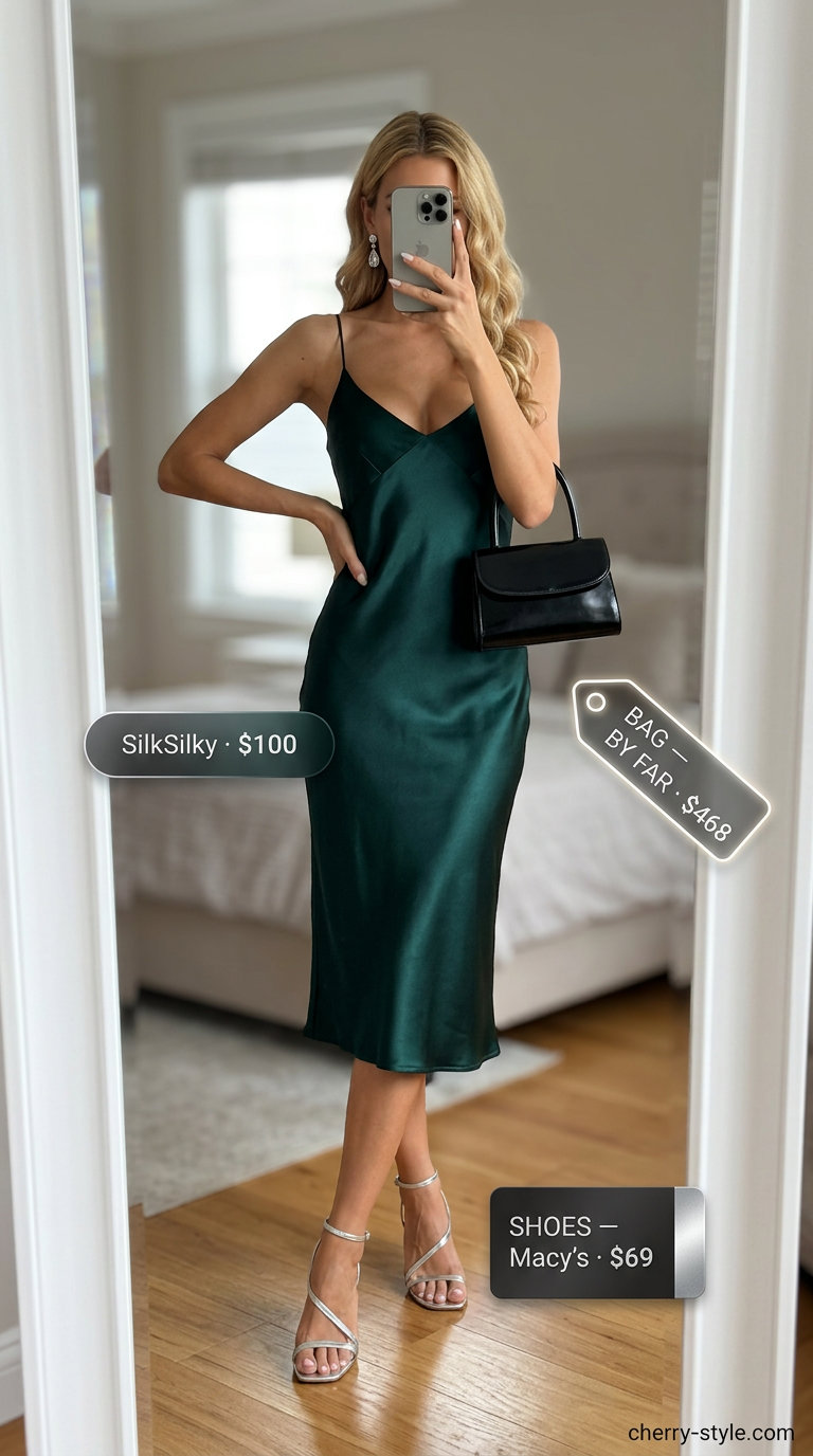 Emerald green satin slip dress with silver heels and clutch for dressy summer outfits with heels 2026.