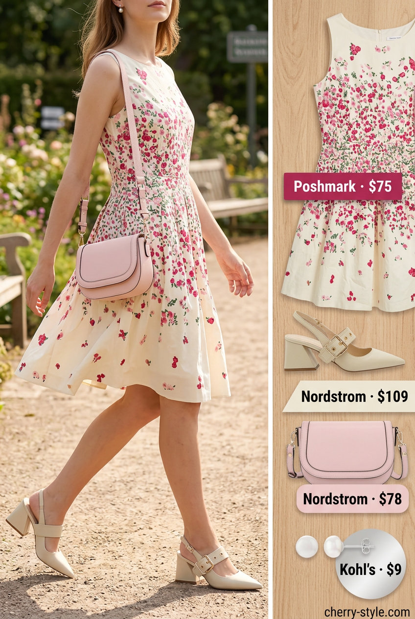 Pastel pink floral midi dress with cream block heels for dressy summer outfits with heels 2026.