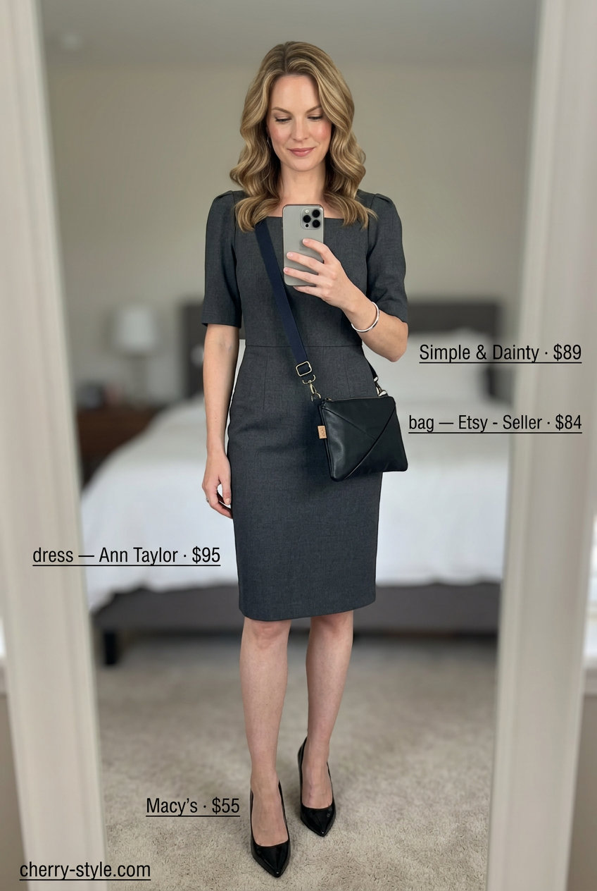 Charcoal grey sheath dress with black stilettos for dressy summer outfits with heels 2026.