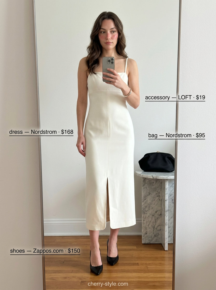 Ivory midi dress with black heels and silver bracelet for dressy summer outfits with heels 2026.