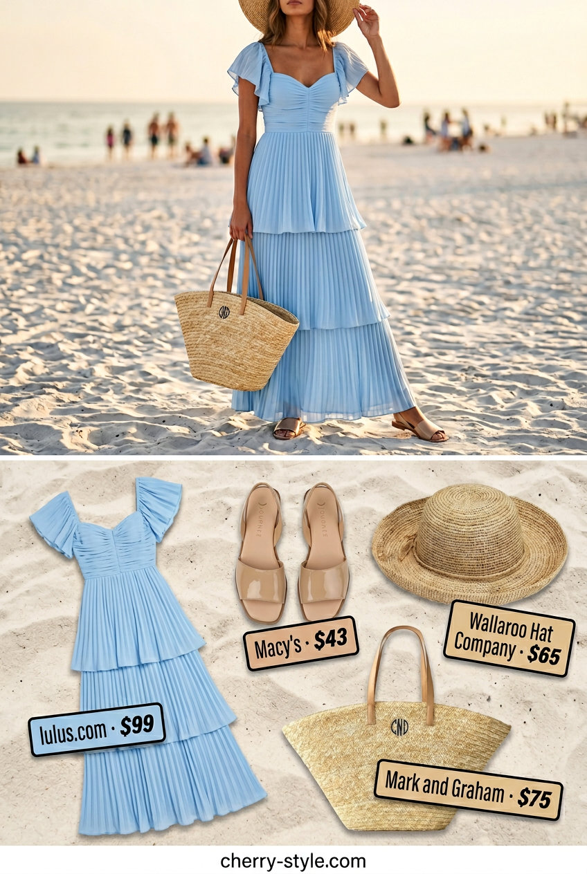 Sky blue maxi dress with straw hat and tote for dressy summer outfits with heels 2026.