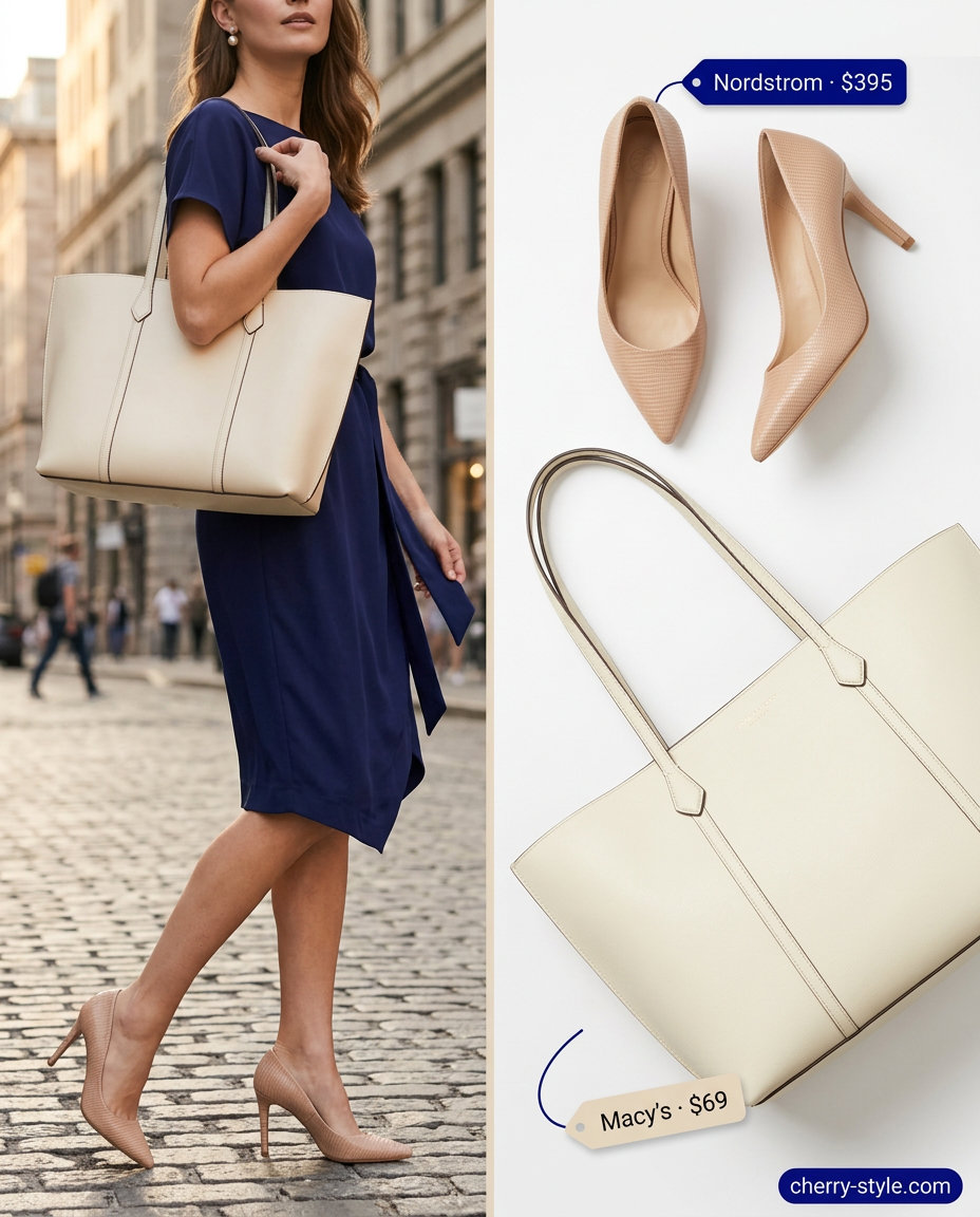 Navy wrap dress with nude heels and cream tote for dressy summer outfits with heels 2026.