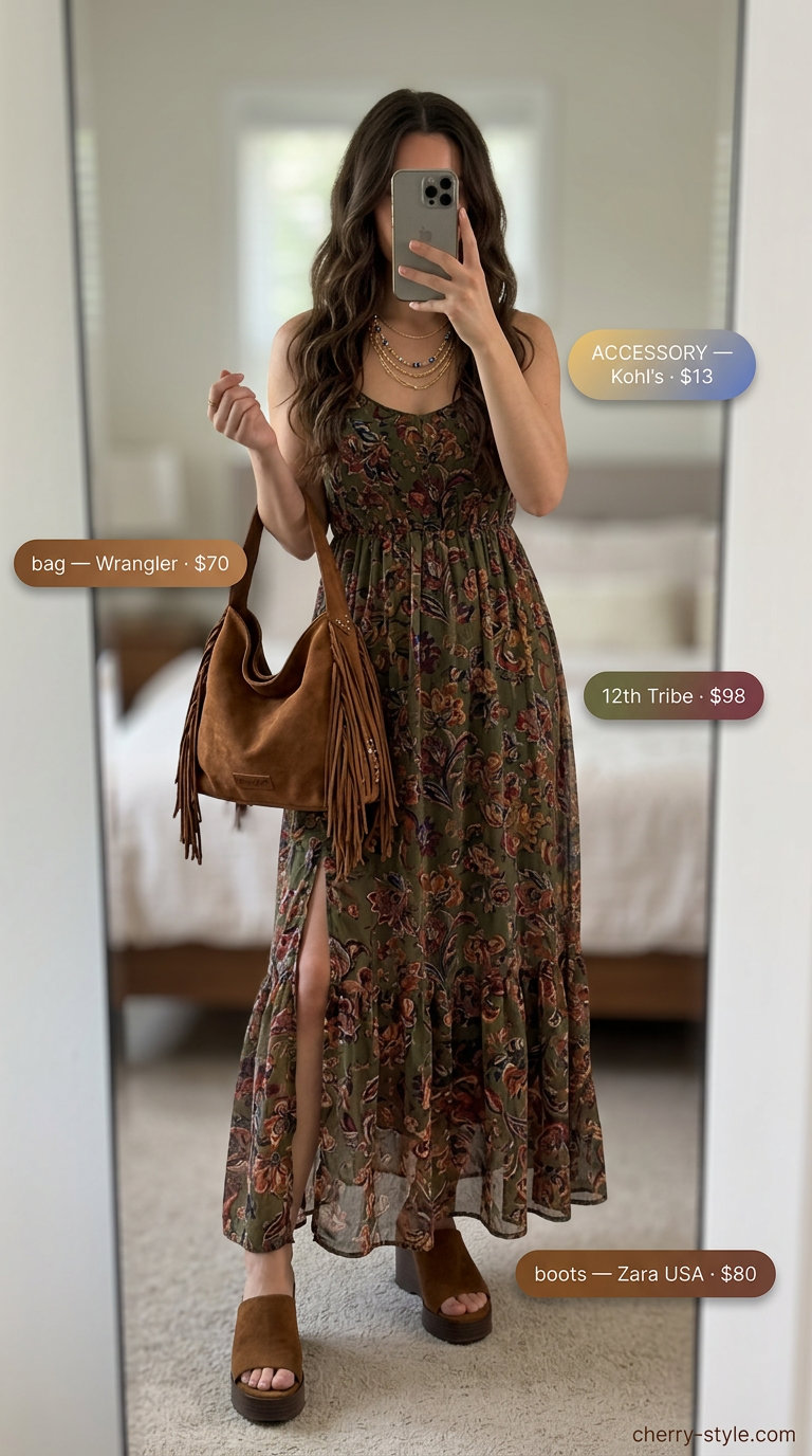 Boho paisley maxi dress with wedge heels for dressy summer outfits with heels 2026.