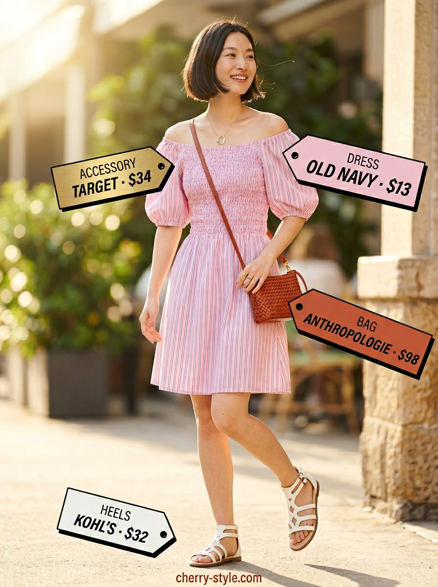 Romantic blush pink ruffle sundress with gold heels and woven bag for dressy summer outfits with heels 2026.