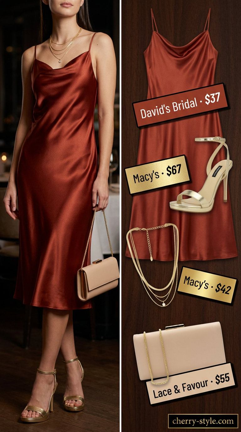 Vibrant coral satin slip dress with gold heels and layered necklaces for dressy summer outfits with heels 2026.