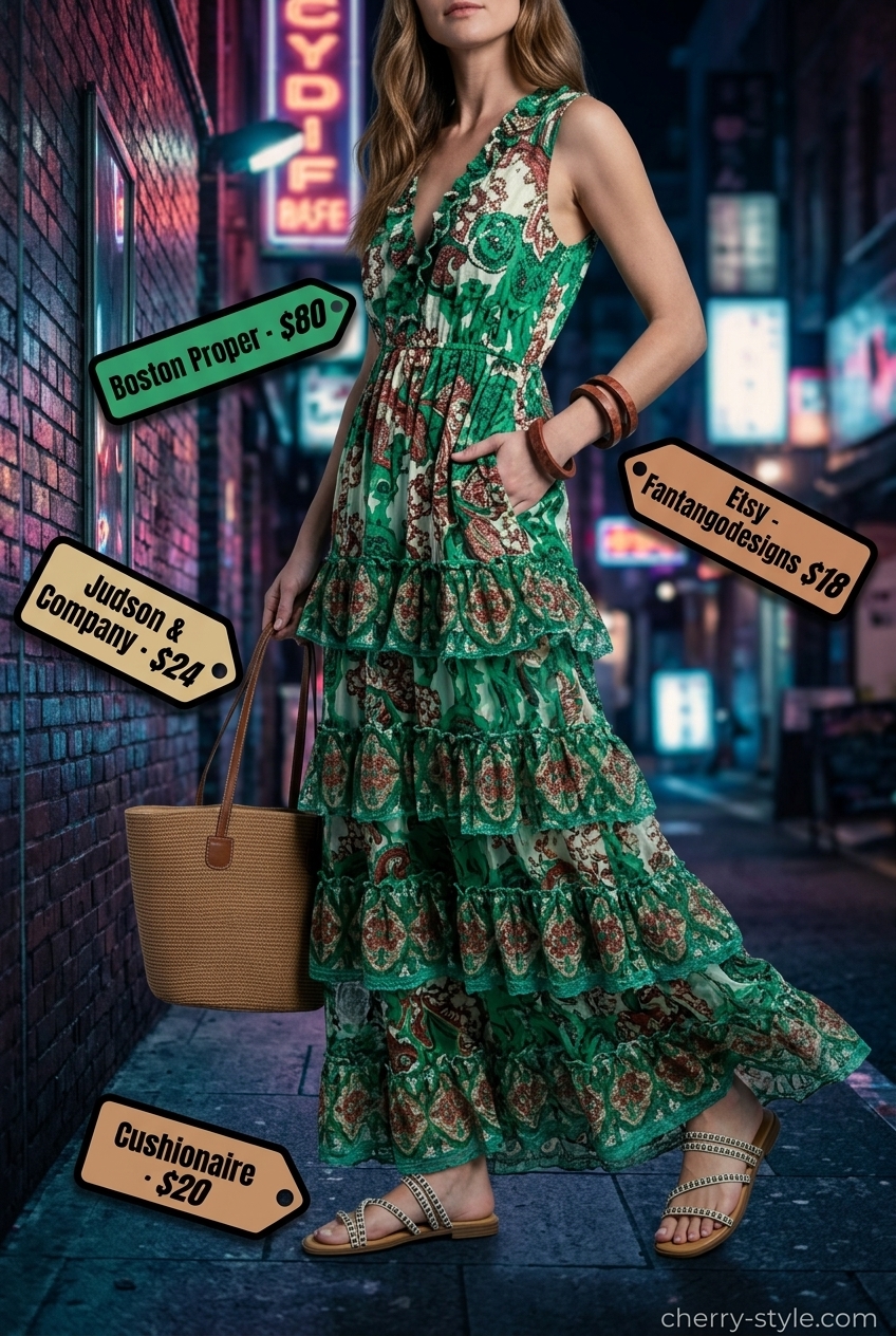 Bohemian maxi dress for a garden party outfit 2026. Pastel floral print, romantic style.
