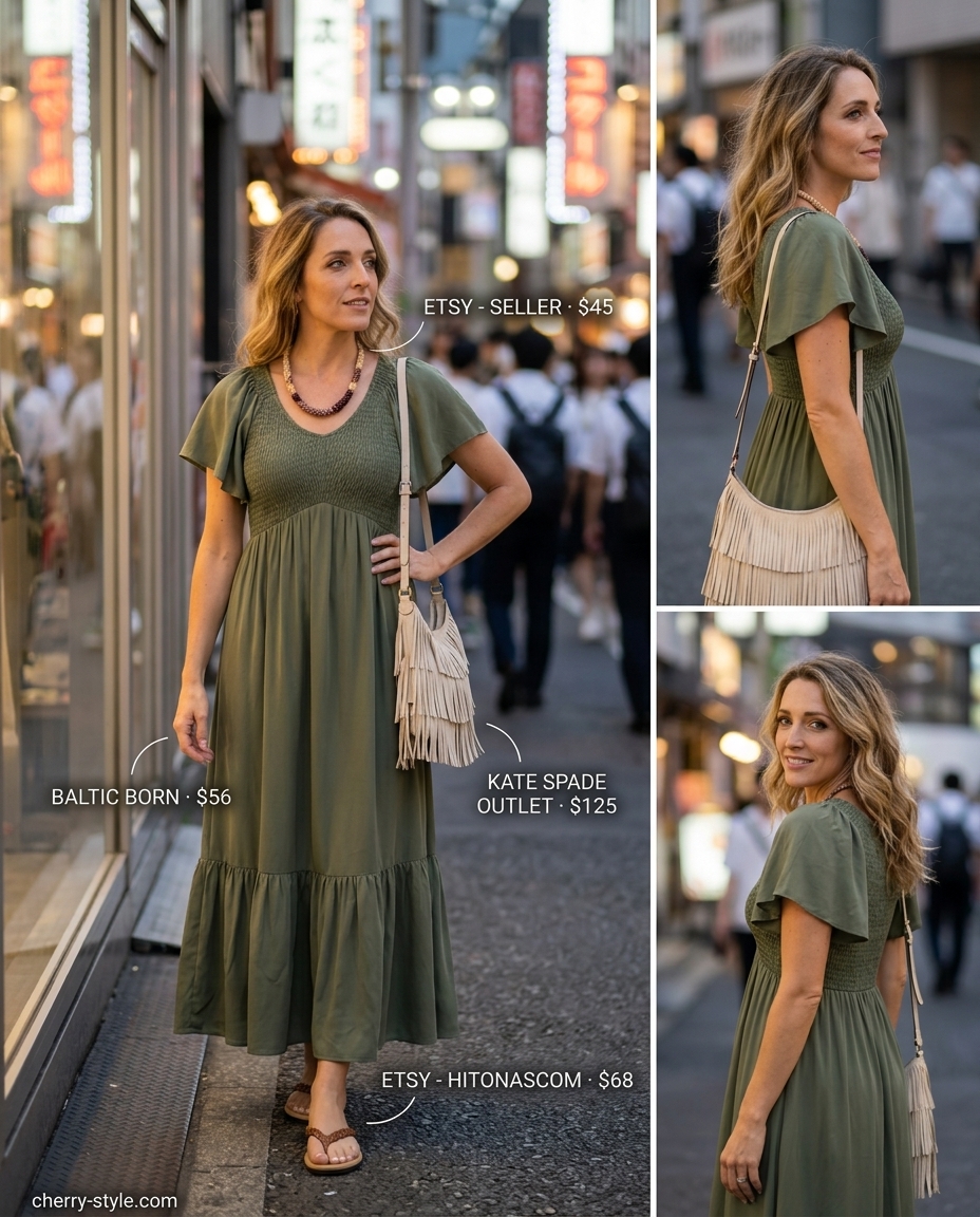 Bohemian dressy summer party outfit 2026: Olive green maxi dress, leather sandals, suede bag.