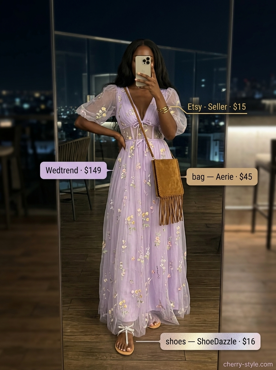 Boho maxi dress in soft lavender with tan suede bag and gold bangles for a dressy summer party outfit 2026.