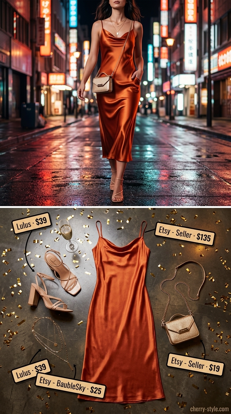 Coral midi slip dress for a glamorous summer party outfit 2026. Effortless date night style.