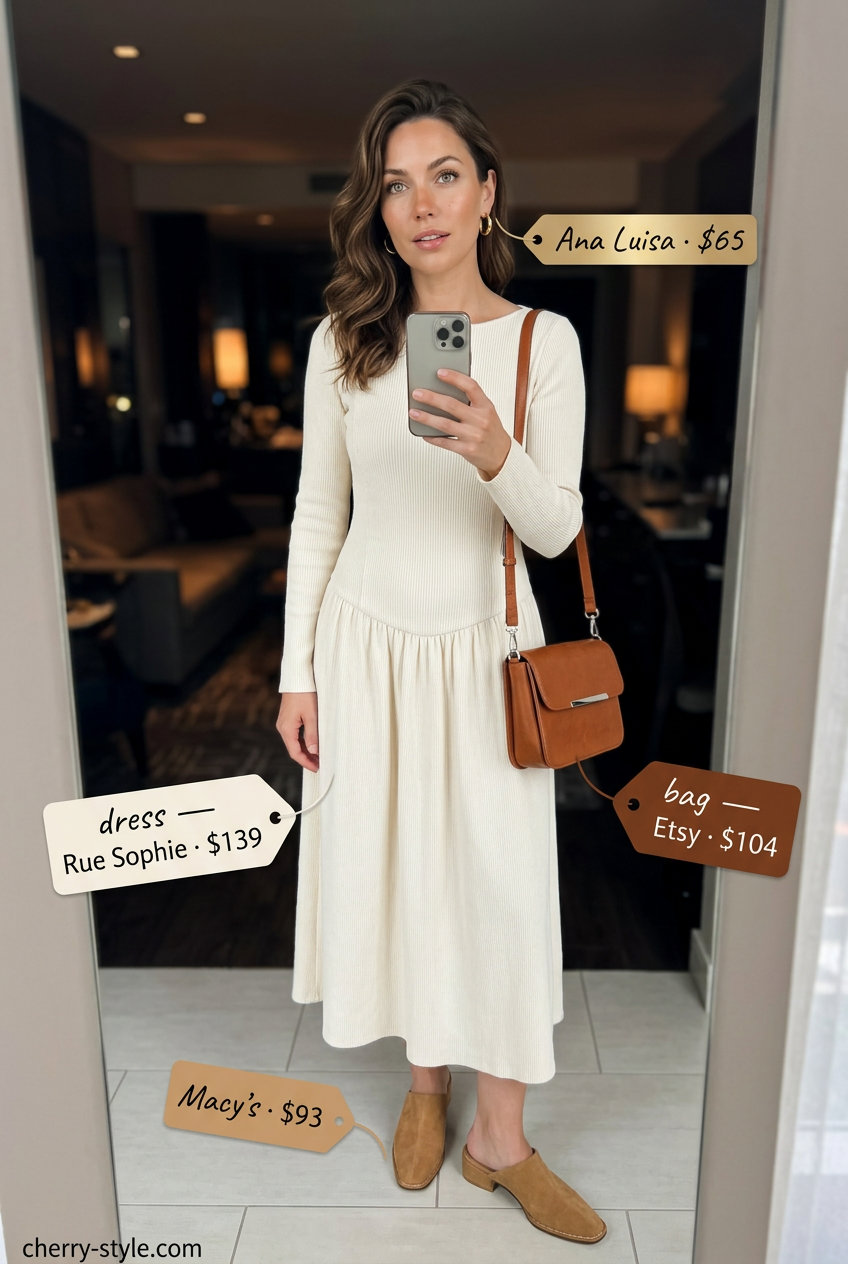 Cream ribbed knit midi dress with tan crossbody bag and gold hoop earrings for a dressy summer party outfit 2026.