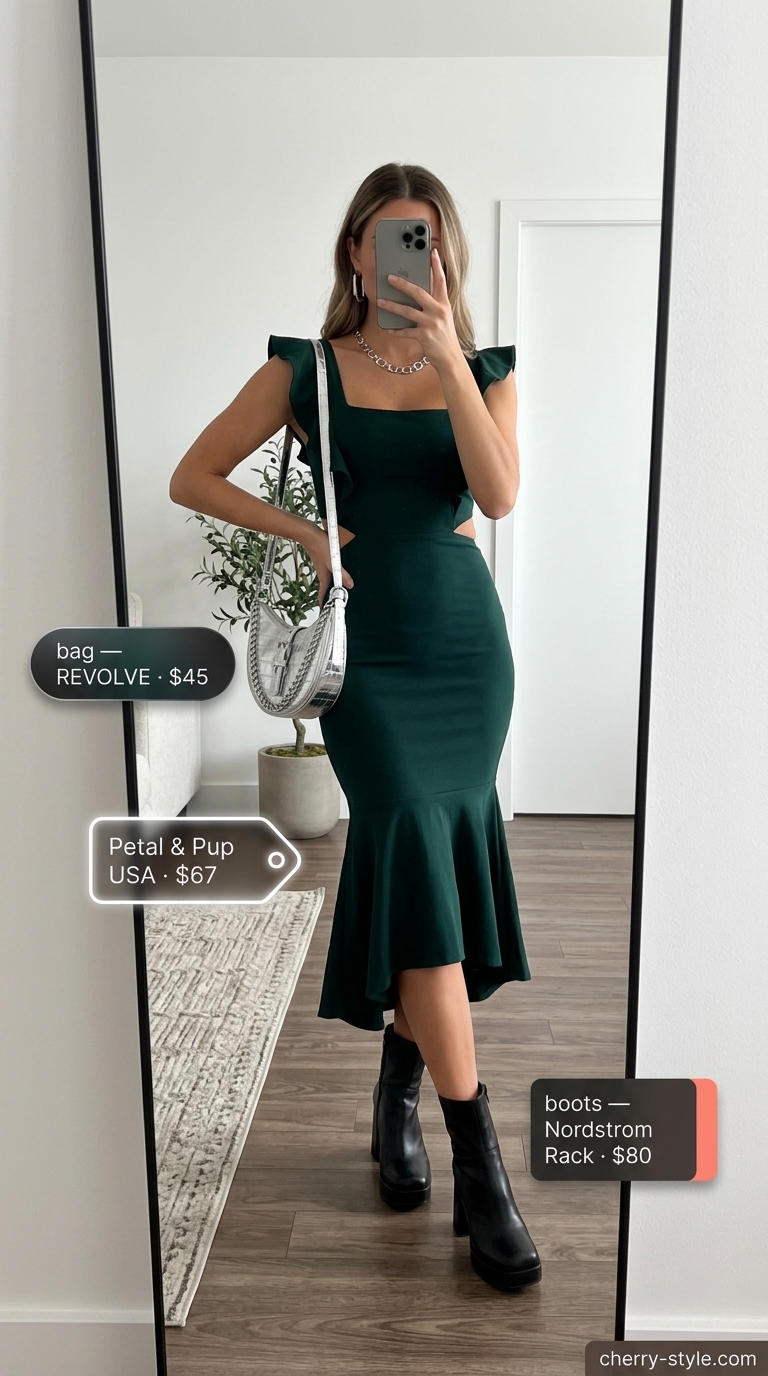 Emerald green bodycon dress with ankle boots and silver bag for a dressy summer party outfit 2026.
