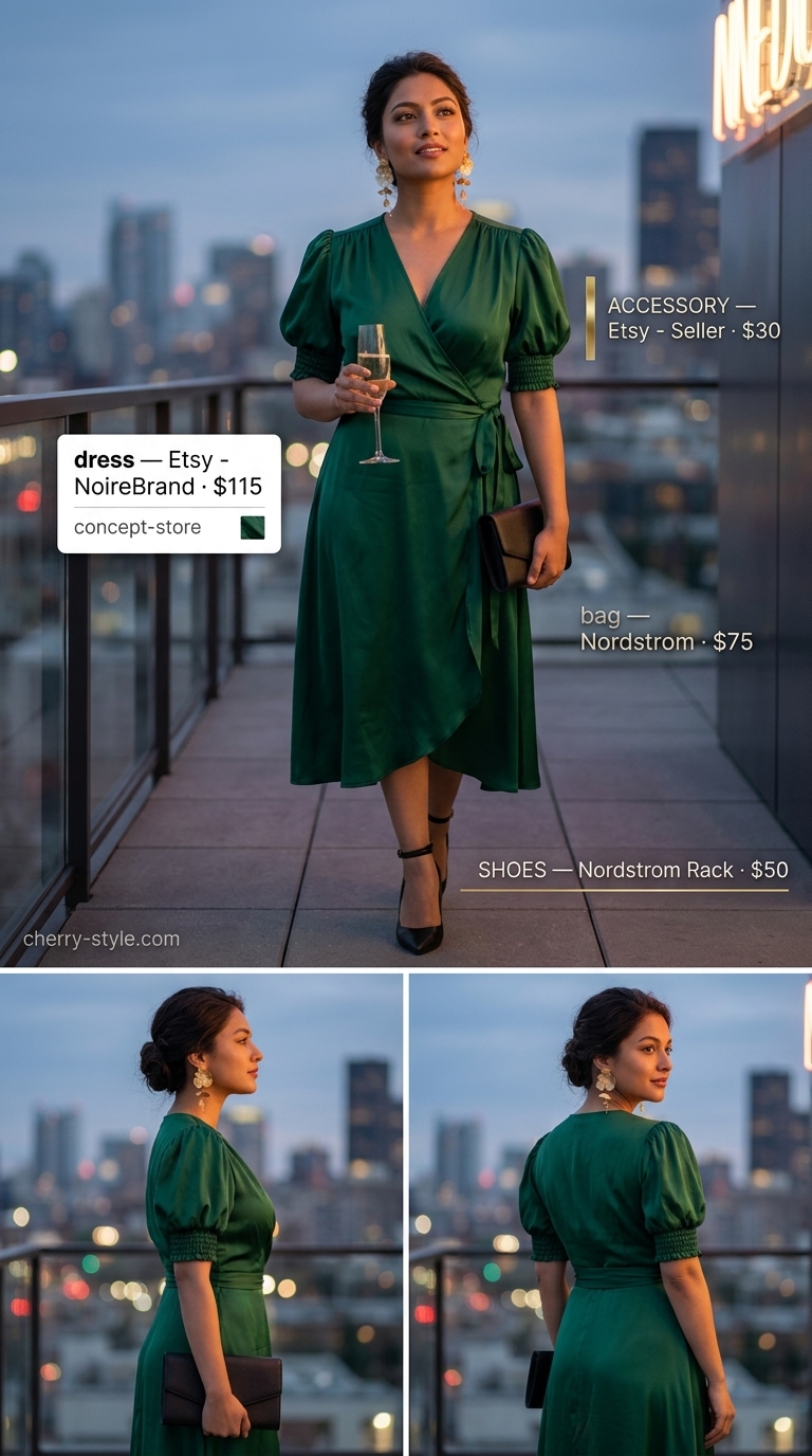 Emerald green midi wrap dress with gold earrings and black pumps for a dressy summer party outfit 2026.
