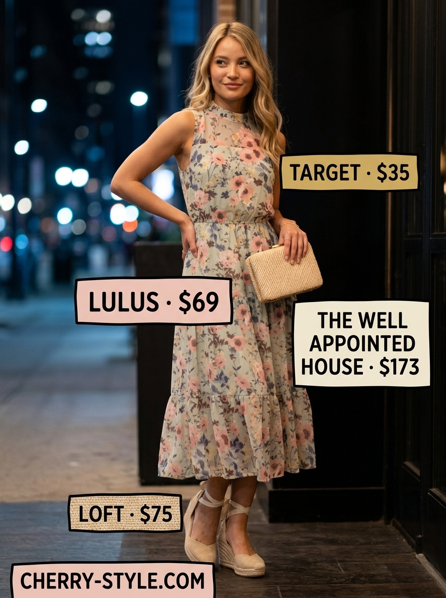 Floral midi dress with puff sleeves, espadrille wedges, and straw clutch for a dressy summer party outfit 2026.