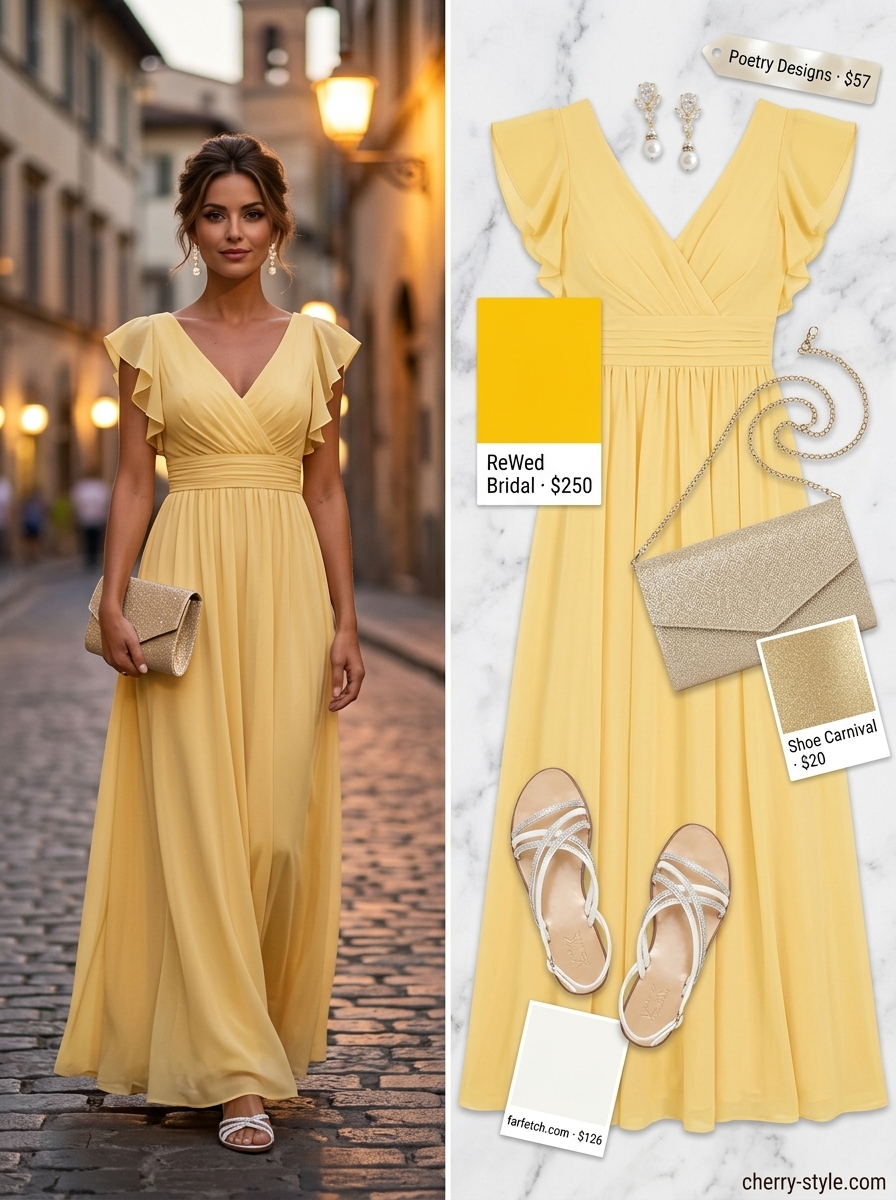 Ethereal dressy summer party outfit 2026: Golden yellow maxi dress, sequin clutch, flat sandals.