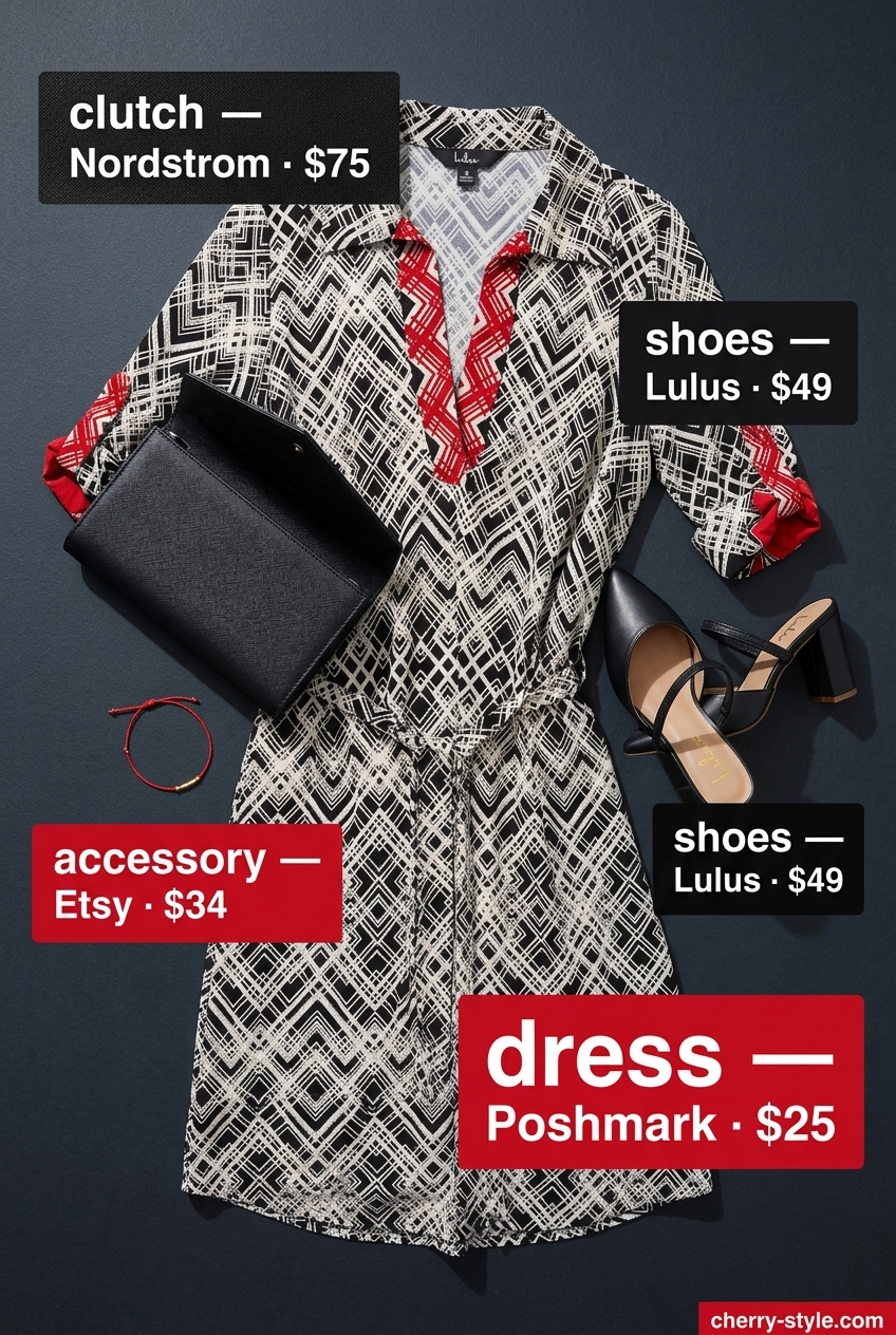 Chic dressy summer party outfit 2026: Black & white midi dress with red accents, black mules & clutch.