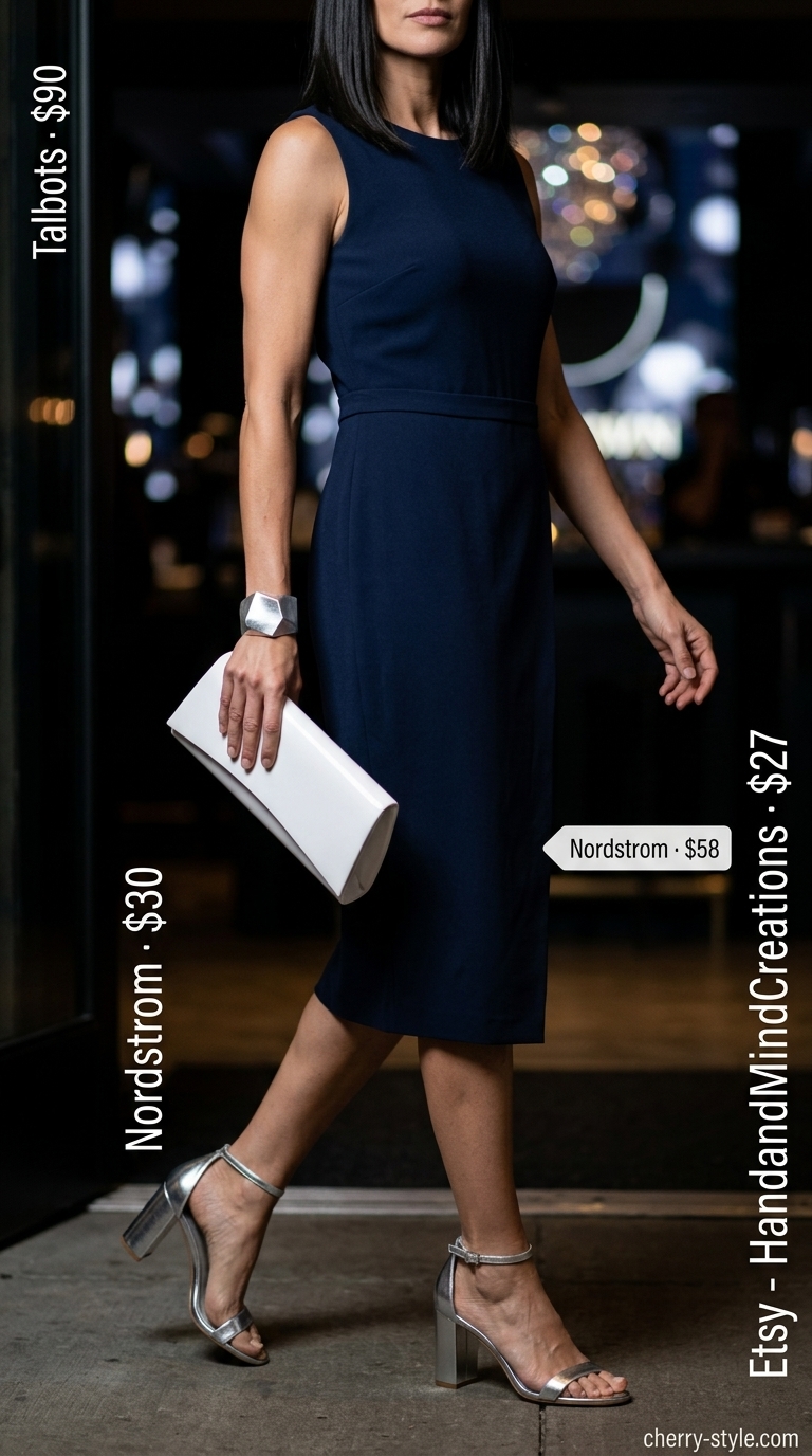 Navy blue sheath dress with cut-outs, silver sandals, and white clutch for a dressy summer party outfit 2026.