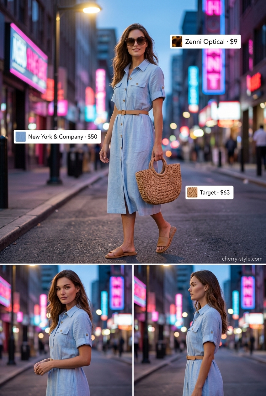 Sky blue linen shirt dress with tan slides and straw tote for a dressy summer party outfit 2026.