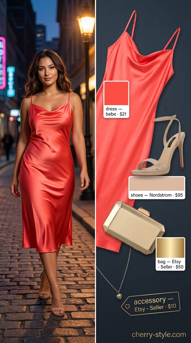 Glamorous dressy summer party outfit 2026: Coral slip dress, metallic clutch, gold necklace.