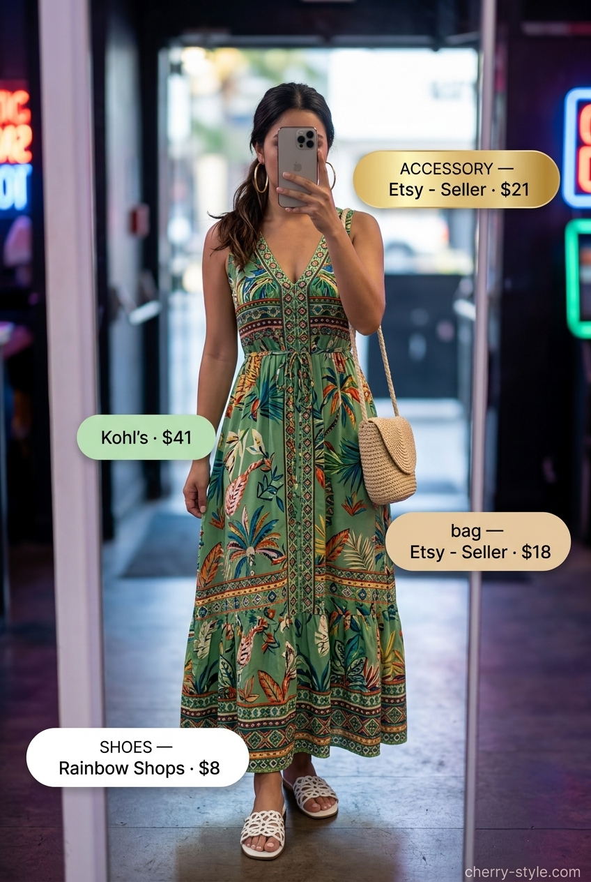 Fun dressy summer party outfit 2026: Tropical romper, straw bag, gold hoops, white slides.