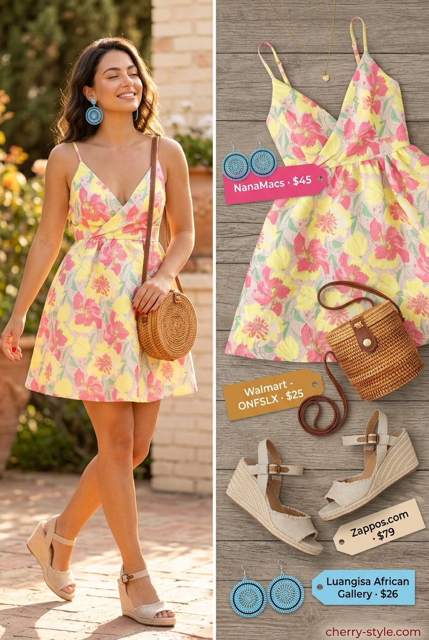 Playful dressy summer party outfit 2026: Floral mini dress, straw bag, espadrilles, blue earrings.
