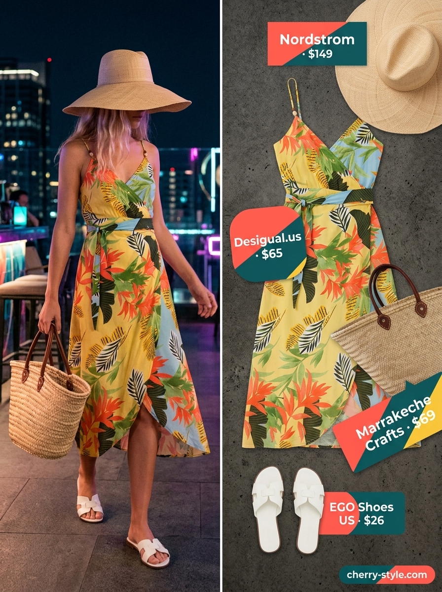 Tropical dressy summer party outfit 2026: Green/yellow/pink wrap dress, straw hat & tote.