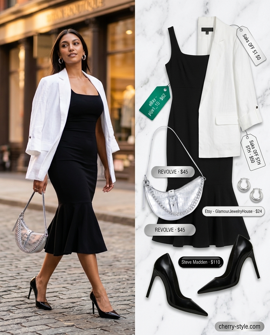 Chic dressy summer party outfit 2026: Black sheath dress, white blazer, silver bag, heels.
