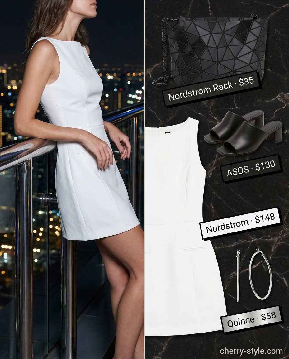 Chic white mini dress for a city party outfit 2026. Modern and polished look.