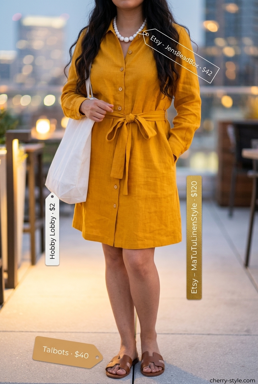 Mustard yellow linen shirt dress with tan sandals and white beaded necklace for a dressy summer party outfit 2026.
