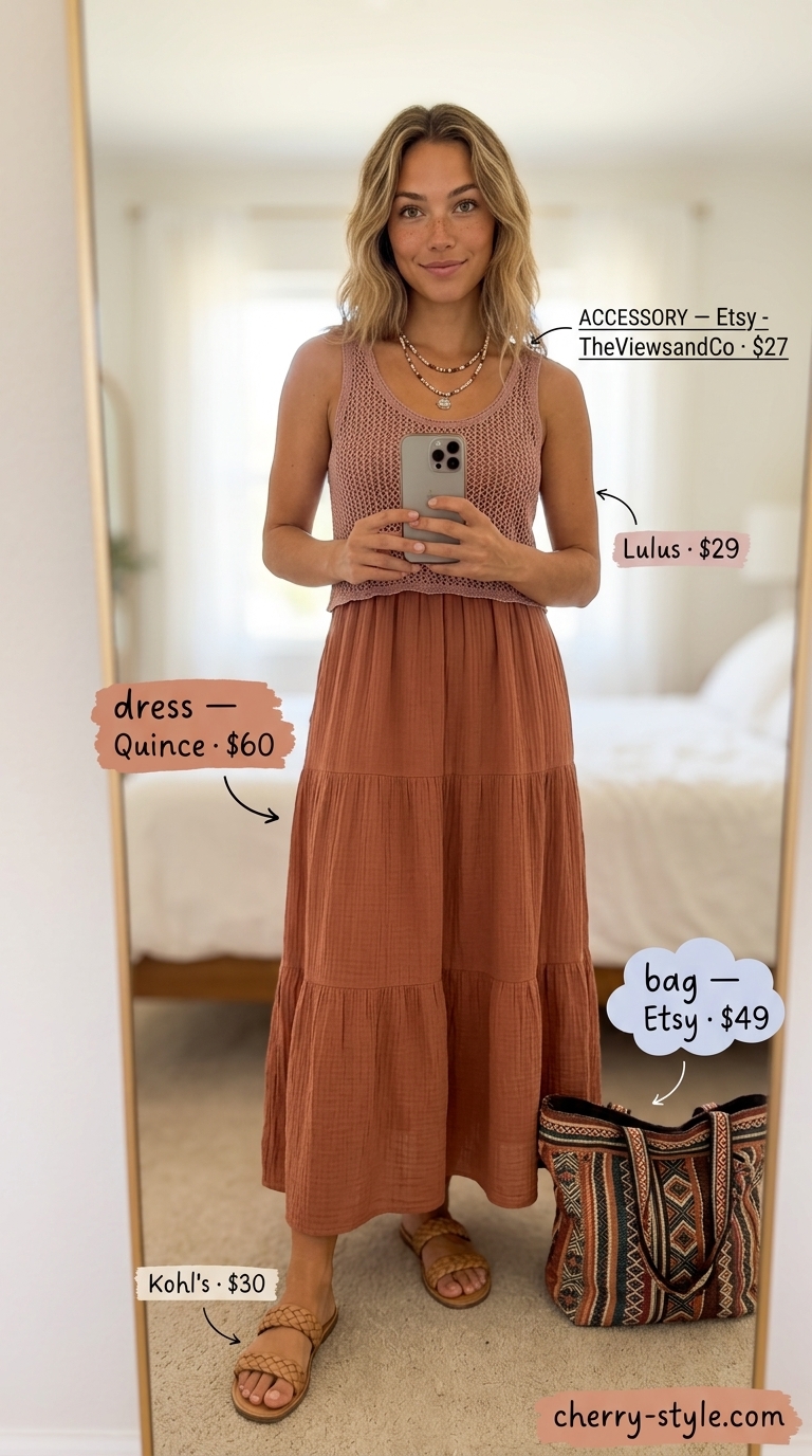 Terracotta sleeveless tiered maxi dress for a bohemian sunset picnic, with gold necklaces.