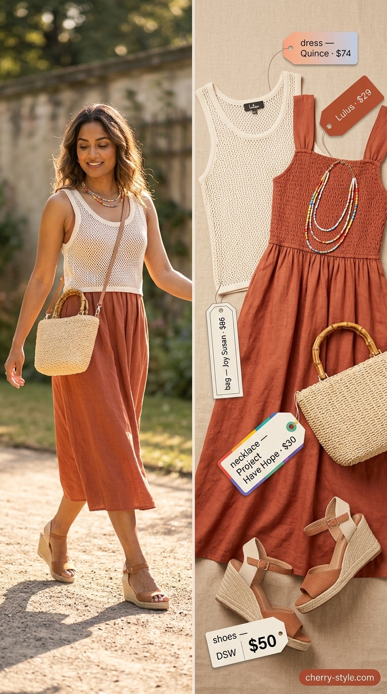 Terracotta tiered midi dress for a bohemian desert muse look, with layered necklaces.