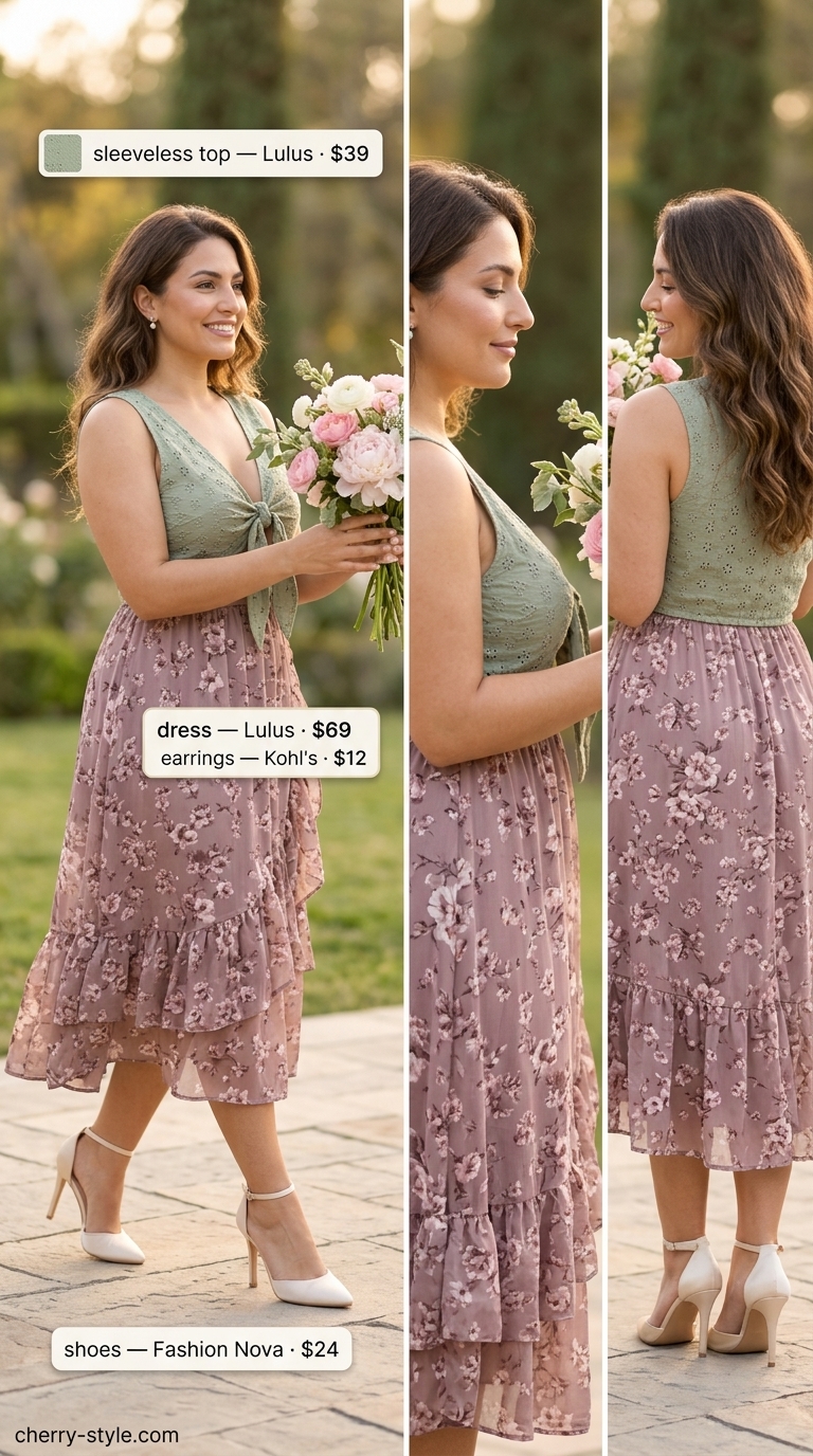 Sage green floral sleeveless midi dress for a garden brunch, paired with pearl earrings.