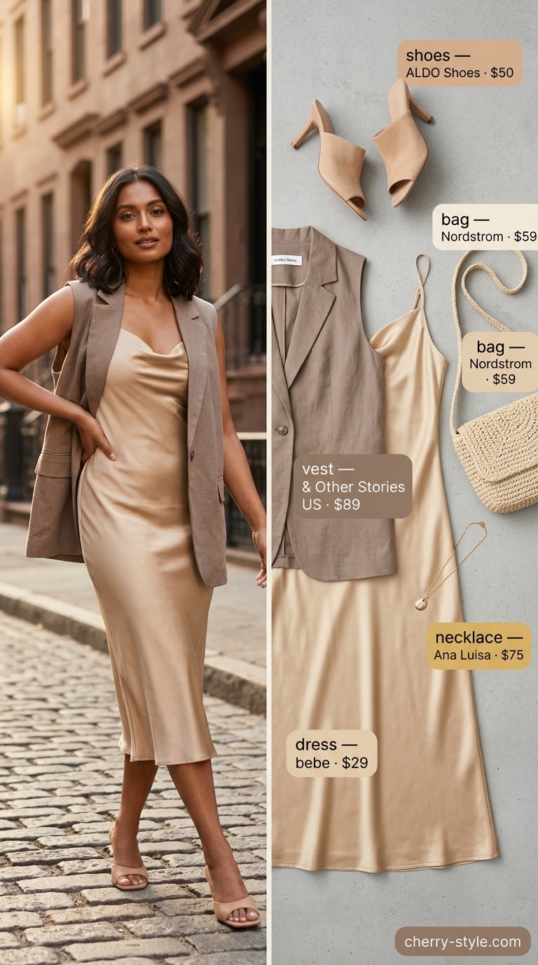Sophisticated Sunset Soiree: Ivory vest dressy summer sleeveless tops 2026 with taupe slip dress, perfect for rooftop dinner.