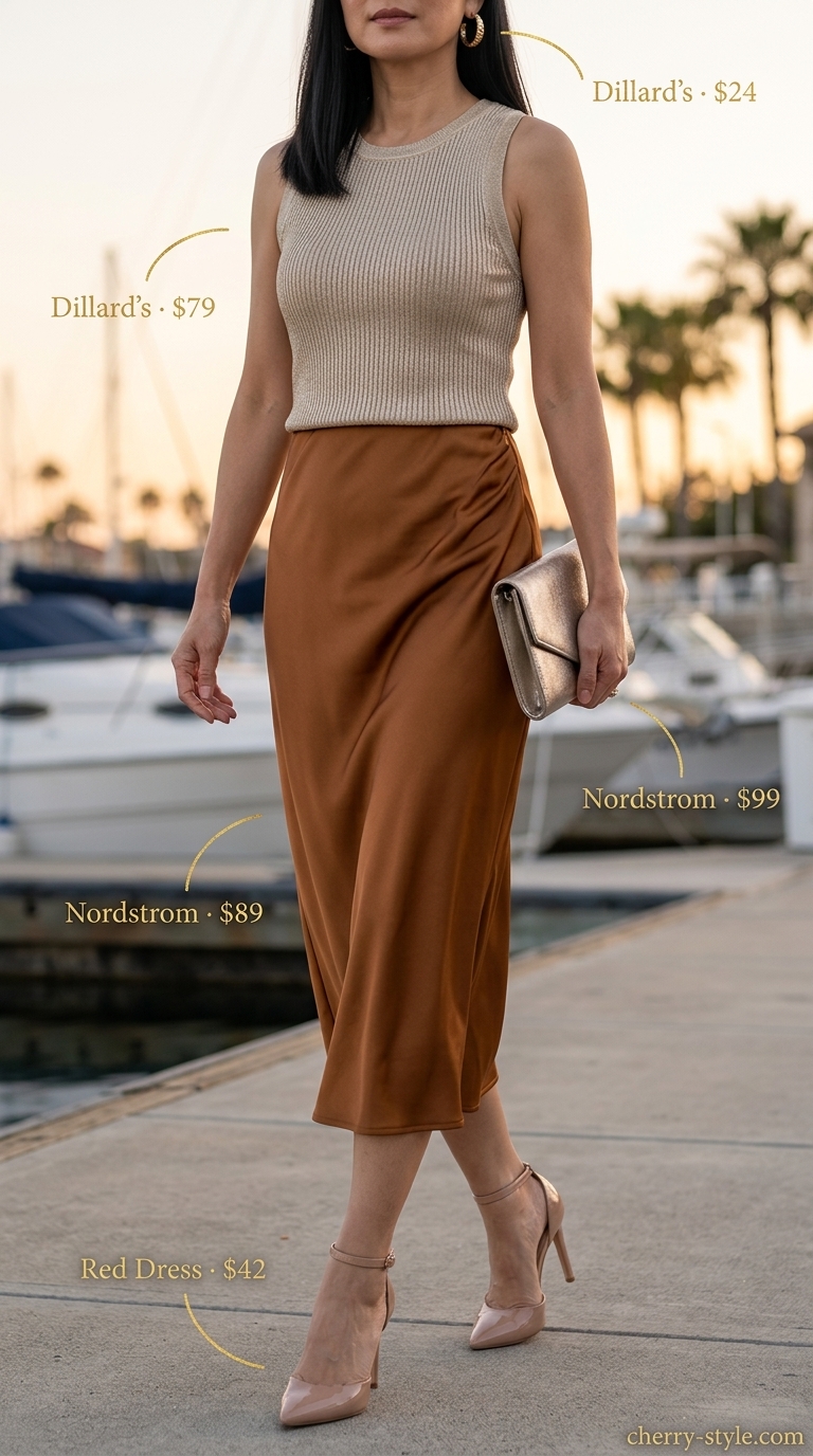 Sunset Cruise Glamour: Champagne satin dressy summer sleeveless tops 2026, perfect for evening dinner.