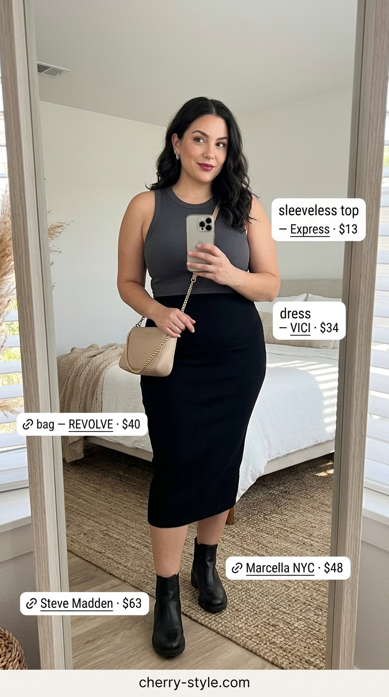 Dressy summer sleeveless tops 2026: Charcoal gray bodycon dress with black knit tank for city night out.