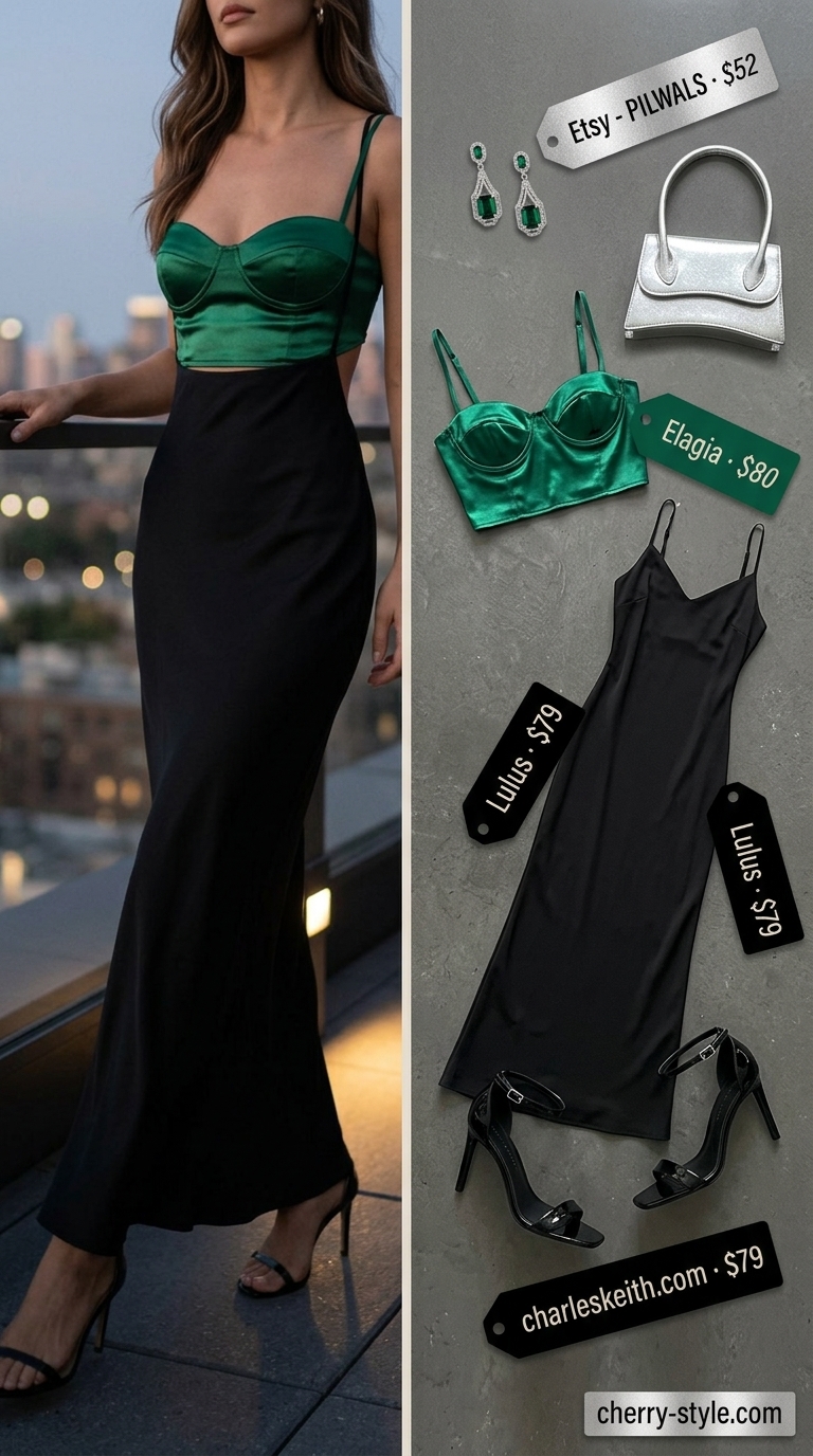 Dressy summer sleeveless tops 2026: Emerald green bustier top with black slip maxi dress for rooftop cocktails.