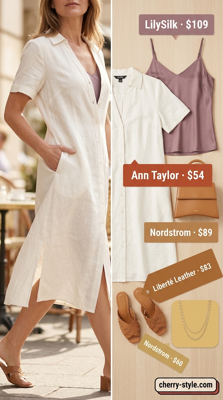 Dressy summer sleeveless tops 2026: Ivory silk camisole with linen midi shirt dress for summer brunch.
