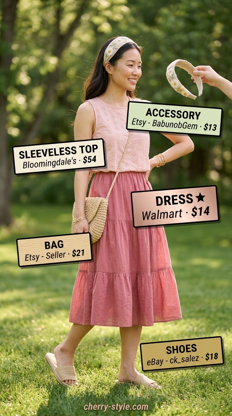 Dressy summer sleeveless tops 2026: Soft pink tiered sundress with white eyelet camisole for picnic.