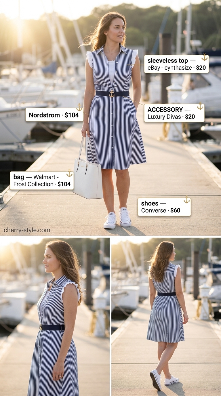 Dressy summer sleeveless tops 2026: White cotton poplin shirt dress with navy knit tank for seaside chic.