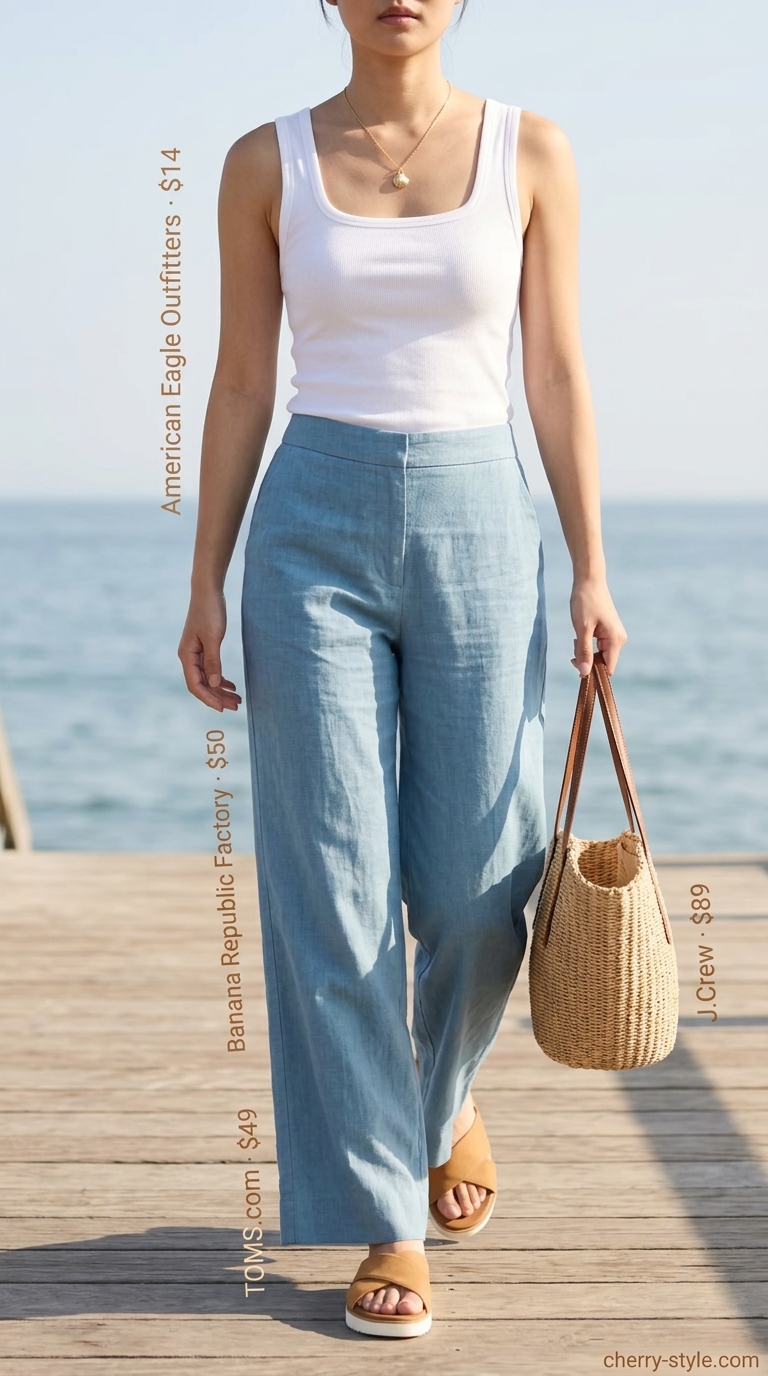 Easy comfy summer outfits for women 2026: Sky blue linen pants, white tank, and straw tote for a coastal getaway.